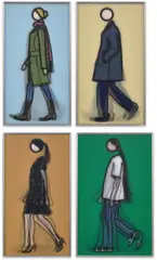 Julian Opie, Sian Walking; Jeremy Walking in Coat; Verity Walking; and Kris Walking (C. 147-150), 2010, The complete set of four lenticular acrylic panels, comprised of four colour inkjet prints, printed on 20 lpi lenticular animating lenses, back mounted with 2mm Dibond (as issued)