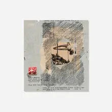 Wallace Berman, Untitled, 1963-65, graphite and ink on paper with collaged stamp and newsprint