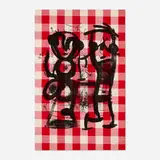 Les campagnards (The Rustics) by Joan Miró, 1969, lithograph on red and white checked cotton laid to Chiffon de Mandeure, sold Feb 2026