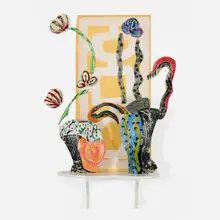 Betty Woodman, Roman Interior #1, 2005, glazed earthenware, epoxy resin, lacquer and paint on canvas with sigillata
