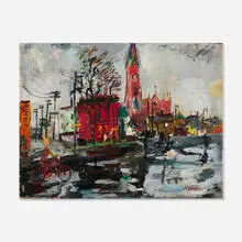 Francis Chapin, Untitled (Ivan Albright's Studio and St. Michael's), c. 1947, oil on board