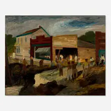 Morley Hicks, Flood on Main Street, Bayfield (Flash Flood), 1942-46, oil on board in artist's frame