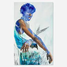 Khari Turner, Coastal Garden, 2020, acrylic, oil, charcoal, oil pastel, Pacific Ocean water, Manhattan Docks water, Lake Michigan water, Milwaukee River water on canvas