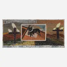 Tony Fitzpatrick, Blackie the Radiant Fire-Dog, Blackie., c. 1985, mixed media on Masonite