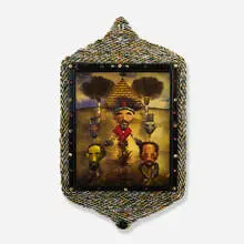 Mr. Imagination, Sands of Egypt, 2002, aluminum lightbox with hologram, wood, bottle caps, found objects