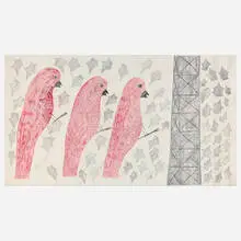 Lee Godie, Untitled (Red Bird), pen and wax on canvas