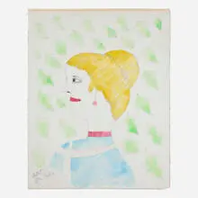 Gibson Girl by Lee Godie, ballpoint pen and paint on canvas, sold Jun 2025