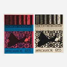 Margo Hoff, Drawing and proof for Improvisations, 1953, ink and gouache on paper; lithograph in colors; comb-bound book containing lithographs, offset lithographs, and printed paper