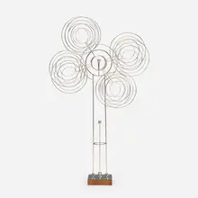 Untitled (Kinetic Sculpture) by Joseph Burlini, 1979, chrome-plated steel, acrylic, walnut, sold Jun 2025