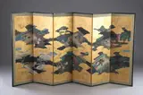 Anonymous, "Scenes from the Tale of Genji", Six-fold screen; ink, color and gold on paper; mounted on brocade, unsigned. - Each panel with mounts: 54 in. x 17 in