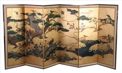 Kano School, "Birds and Flowers, (Kachoja)", Gold, ink and color on paper, six-panel screen - Each panel: 63 in. x 22 1/2 in