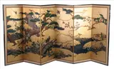 Kano School, "Birds and Flowers, (Kachoja)", Gold, ink and color on paper, six-panel screen - Each panel: 63 in. x 22 1/2 in