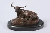 Charles M. Russel, The Texas Steer "The Texas Longhorn", Bronze with brown patina, on a black slate oval base