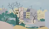 Jean Hugo, Village View, Color silkscreen - Plate: 8 1/4 in. x 13 1/2 in