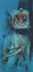 Lê Bá Đảng, Man with Boats, Color etching - Plate: 24 1/2 in. x 12 in
