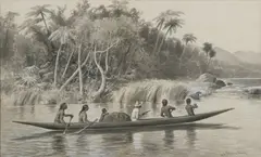 Hermann Gustave Simon, Jungle Landscape with Canoe, Ink wash with gouache highlights on board