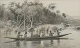 Hermann Gustave Simon, Jungle Landscape with Canoe, Ink wash with gouache highlights on board