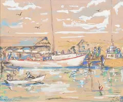 Leon Kelly, Independent Dock Barnegat Light, Watercolor and gouache
