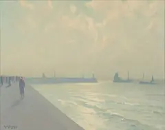 Hans Desser, Figures Along Shoreline, Oil on canvas