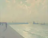 Hans Desser, Figures Along Shoreline, Oil on canvas