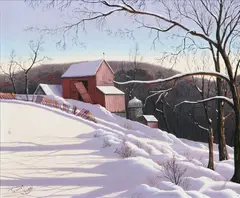 Thomas Kerry, Red Barn in the Snow, Oil on board