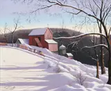 Thomas Kerry, Red Barn in the Snow, Oil on board