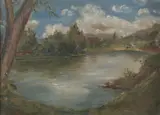 American School, Untitled, LAKE LANDSCAPE, oil on canvas board