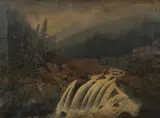 MOUNTAINOUS LANDSCAPE WITH WATERFALL IN FOREGROUND, illegible inscription on stretcher by American School, Oil on canvas, sold Feb 2007