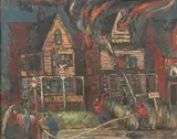 Untitled by American School, HOUSE FIRE, oil on masonite, sold Feb 2007