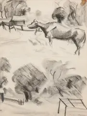 Milton Avery, Cow and Barn, Lithograph crayon on paper