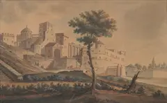 Untitled by Continental School, VIEW OF HILLTOWN WITH TOWERS, watercolor, offered Feb 2007