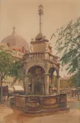 Adolphe Forestier, Fountain in Plaza, Watercolor on paper