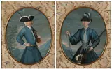 Northern European School, Untitled, A GENTLEMAN AND LADY WITH HUNTING RIFLES: A PAIR OF PORTRAITS, oil on copper