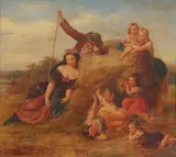 Joseph Bouvier, Resting by a Haystack, Oil on canvas laid on board