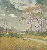French School, Path to Red Houses, Oil on canvas