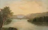 Untitled by American School, RIVER LANDSCAPE WITH DOCKED ROWBOAT, oil on canvas, sold Feb 2007