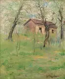 Cabin in the Woods in Spring by John Henry Twachtman, Oil on canvas, sold Feb 2007