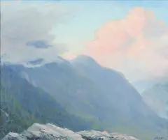 Arnold Warburton Lahee, Mountain View with Morning Clouds, Oil on canvas