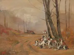 Sidney Brackett, Foxhounds, Oil on board