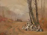 Sidney Brackett, Foxhounds, Oil on board