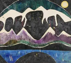 May Janko, Harbor Moonscape, Oil on canvas