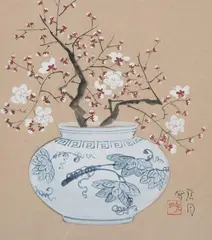 Genetsu Yazawa, Cherry Blossoms in Vase, Ink and color on paper
