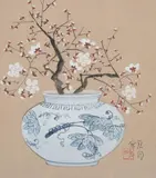 Genetsu Yazawa, Cherry Blossoms in Vase, Ink and color on paper