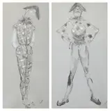 Conrad Cramer, PIERROT FIGURES: A PAIR, each signed lower right, Pen and ink on blue paper