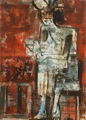 Vincente Martin, Blue Figure with Red Background, Oil on canvas