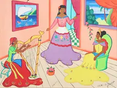 Jerome Polycarpe, Woman Playing Harp, Oil on board