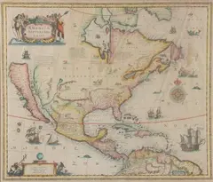 Hendrick Hondius, America Septentrionalis, Engraving with hand coloring