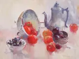 Helen Schnauffer, Still Life with Sterling Teapot, Oil on canvas board