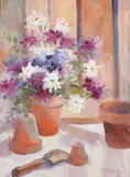 Helen Schnauffer, Still Life with Ceramic Pots and Daisies, Oil on board