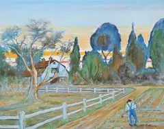 William Pellicone, Sunset Farm and Figure, Oil on board